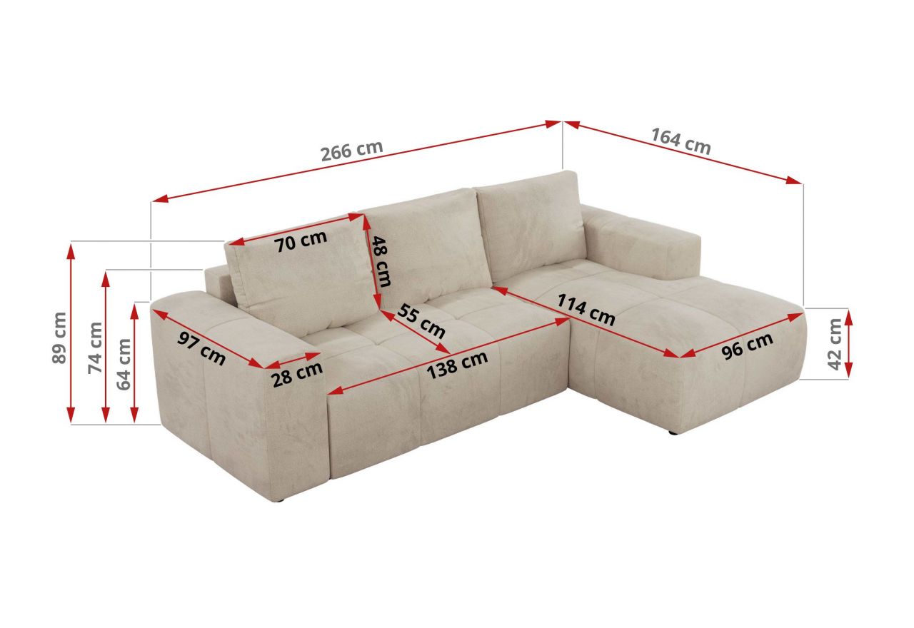 Narożnik MONIVA L - strona lewa - beżowy, welwet