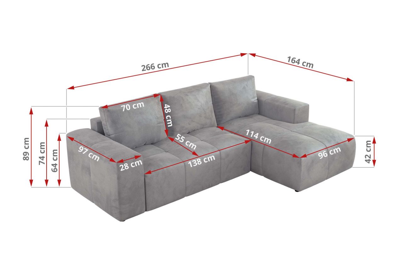 Narożnik MONIVA L - strona lewa - jasnoszary, welwet