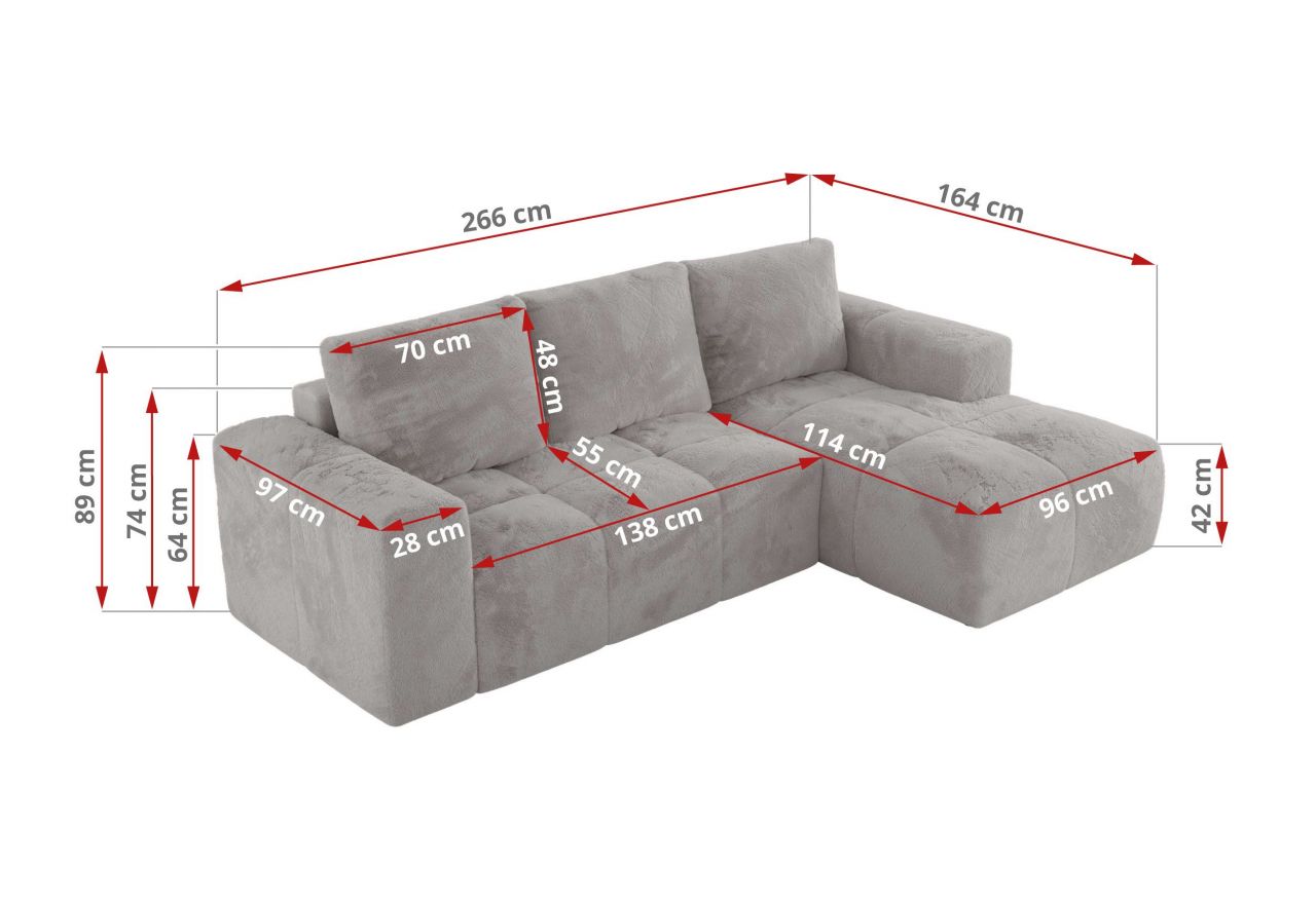 Narożnik MONIVA L - strona prawa - jasnoszary, plusz