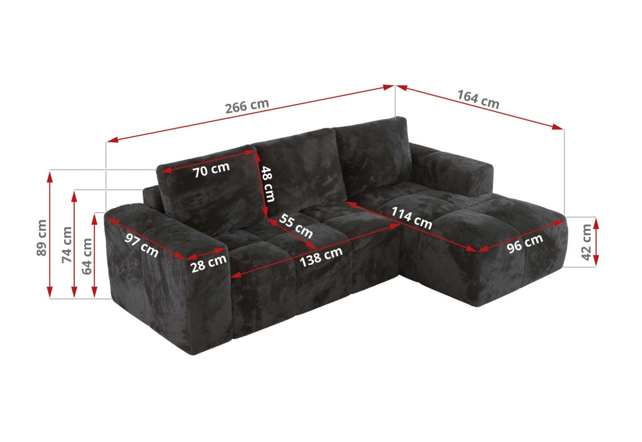 Narożnik MONIVA L - strona prawa - ciemnoszary, plusz