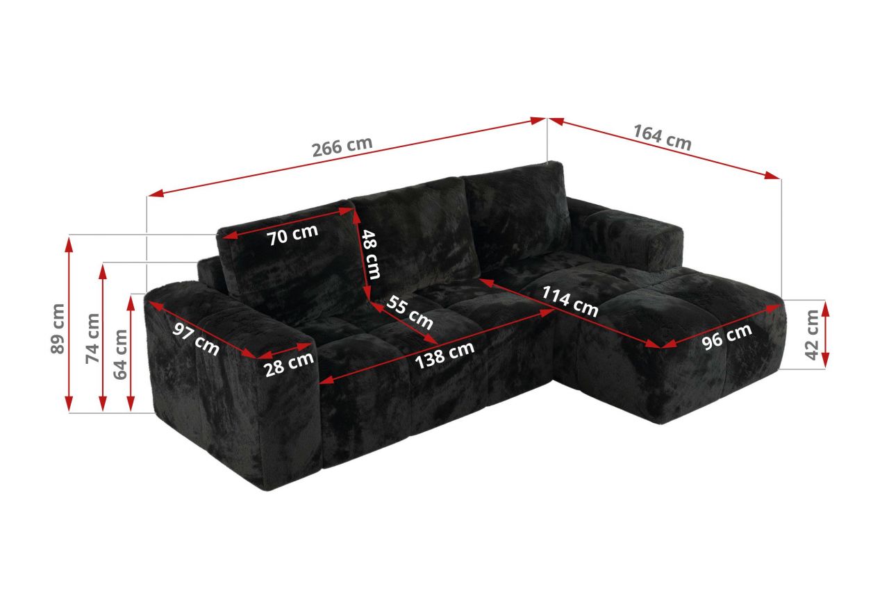 Narożnik MONIVA L - strona prawa - czarny, plusz