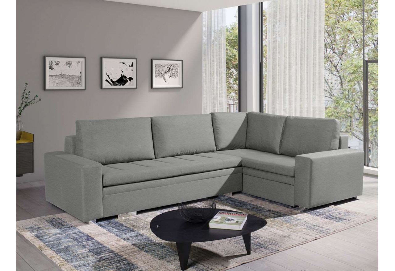 Wolnostojąca kanapa narożna, rogówka z funkcją spania i pojemnikami na pościel do salonu - TINO Inari 91