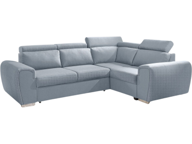 Niebieska kanapa narożna z pojemnikiem na pościel i funkcją spania do salonu - VARDEN Inari 72