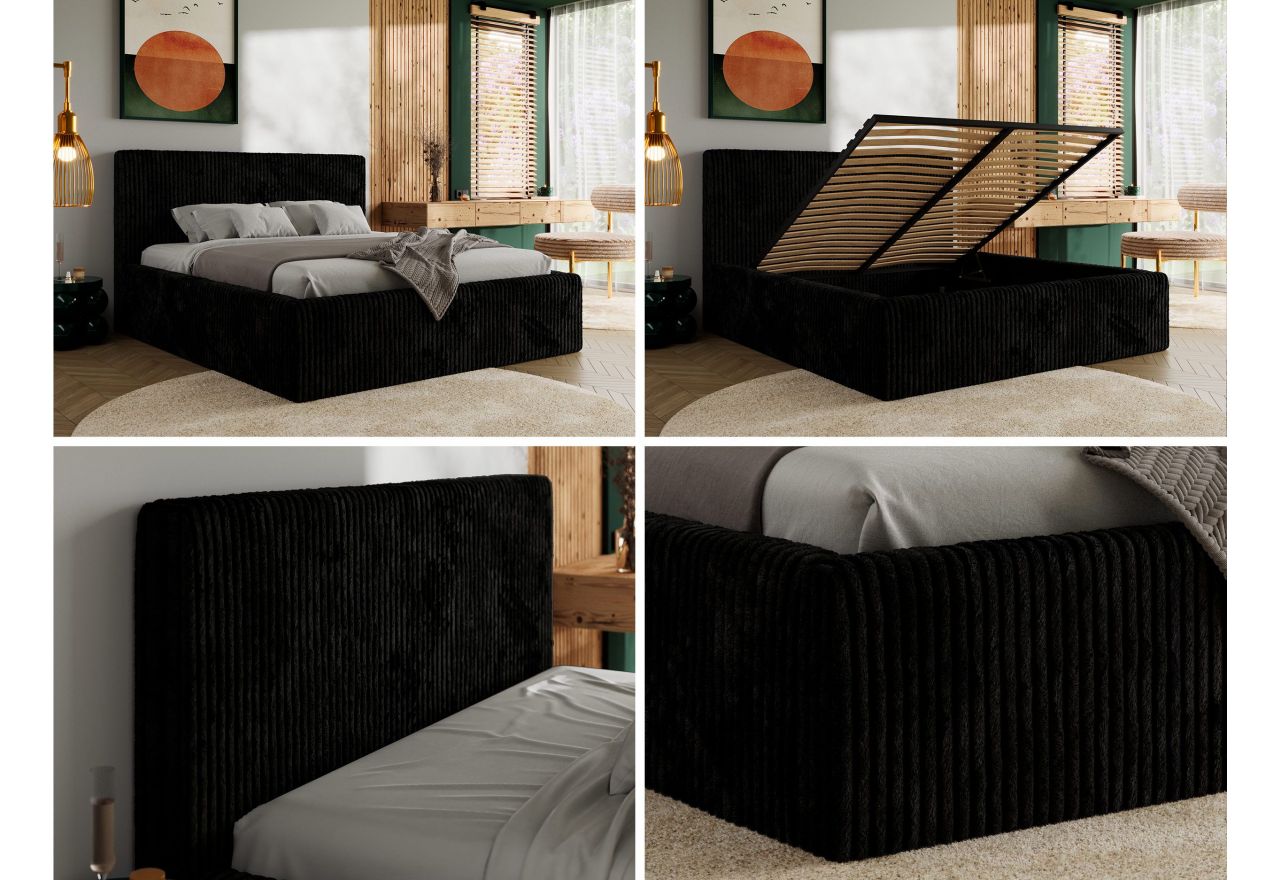 Łóżko tapicerowane TILIANO CLASSIC 160x200 - materac multipocket - czarny, sztruks