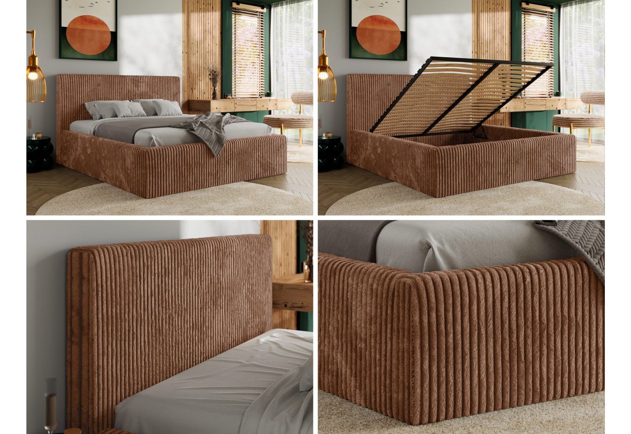 Łóżko tapicerowane TILIANO CLASSIC 140x200 - materac multipocket - pomarańczowy, sztruks