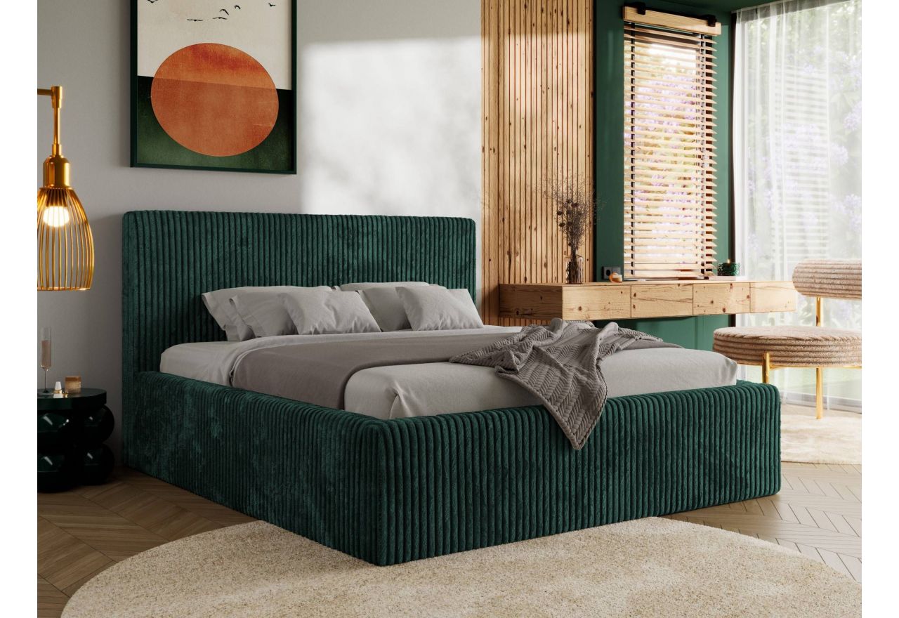 Łóżko tapicerowane TILIANO CLASSIC 140x200 - materac multipocket - ciemnozielony, sztruks