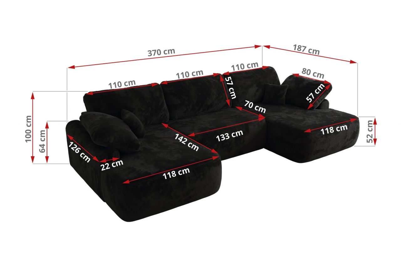 Narożnik CUBO U -  czarny, plusz