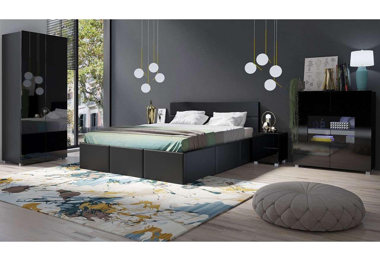 Czarne eleganckie duże łóżko dwuosobowe 160x200 cm do sypialni - CONTROL Soft 11