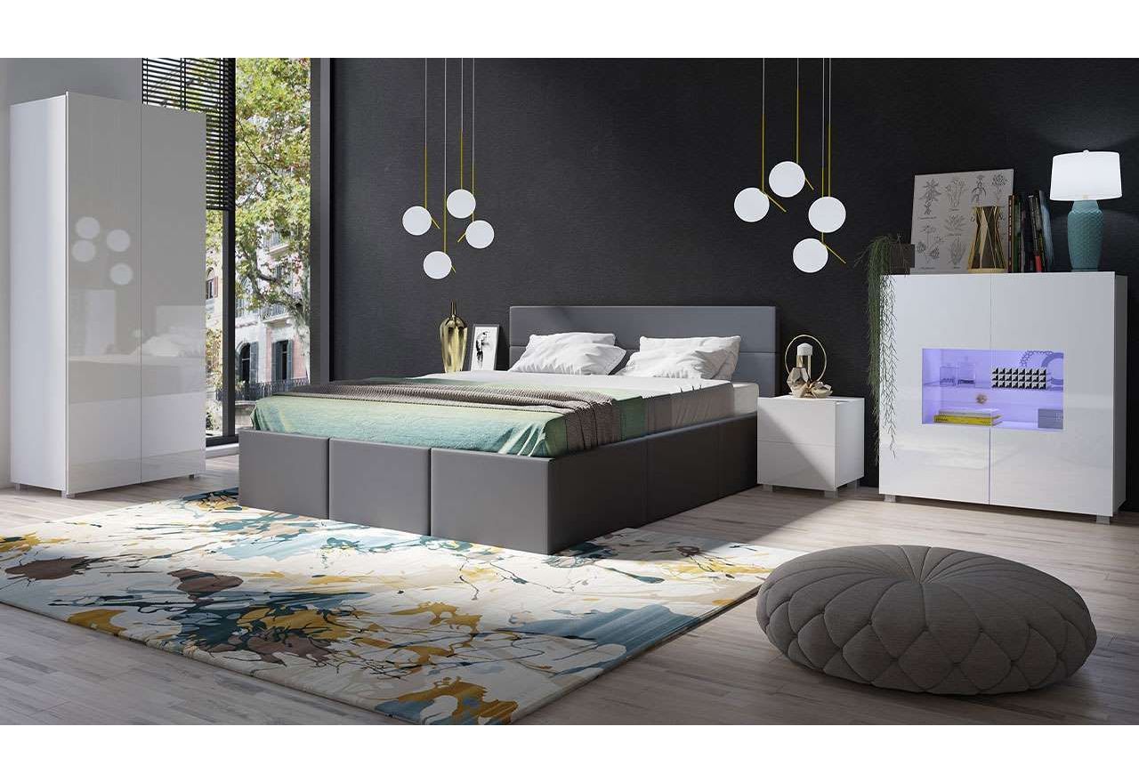 Podwójne grafitowe łóżko 160x200 cm z pojemnikiem, do sypialni dla dwojga - CONTROL Soft 20