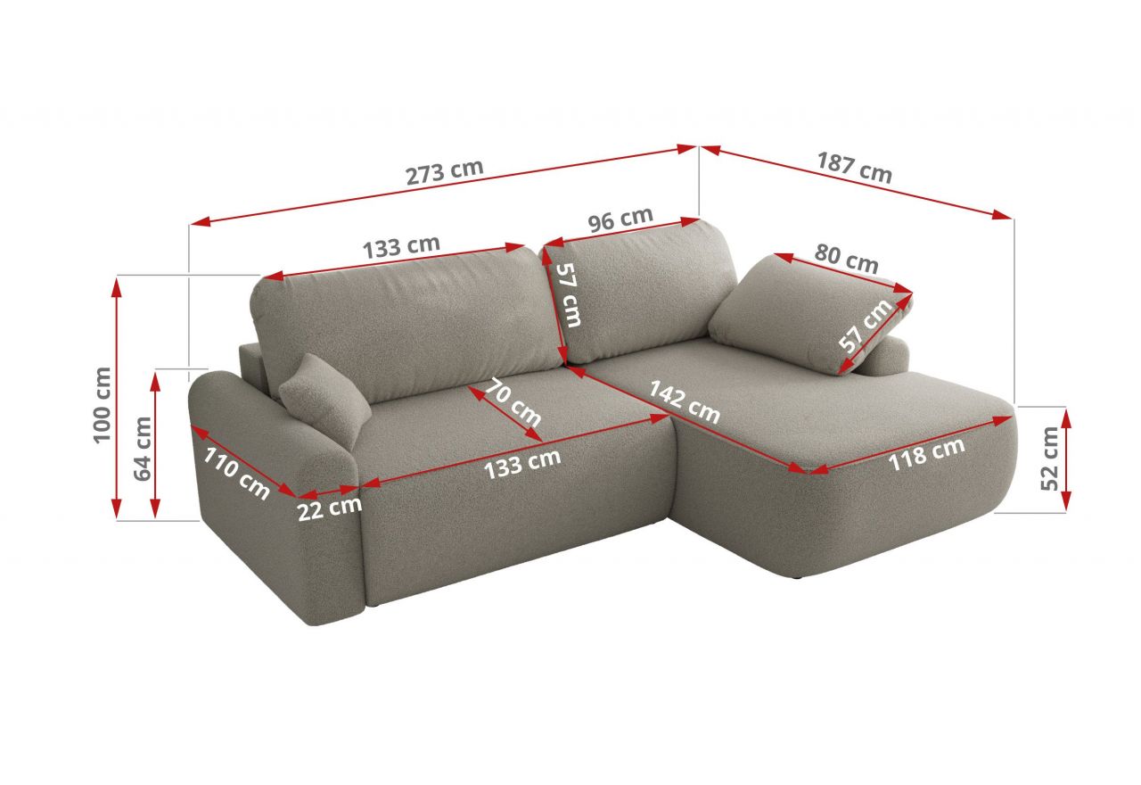 Narożnik CUBO L - strona prawa - jasnoszary, boucle