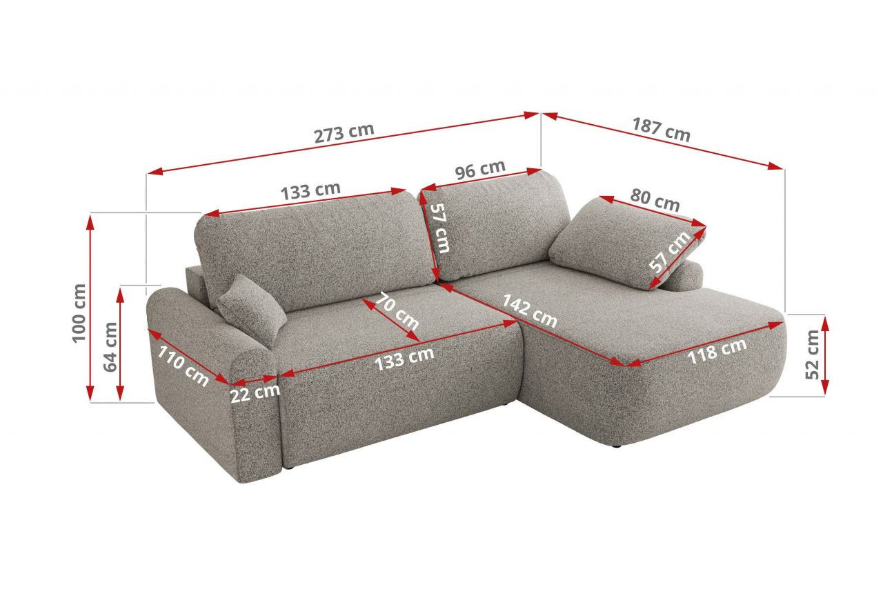 Narożnik CUBO L - strona prawa - jasnoszary, struktura