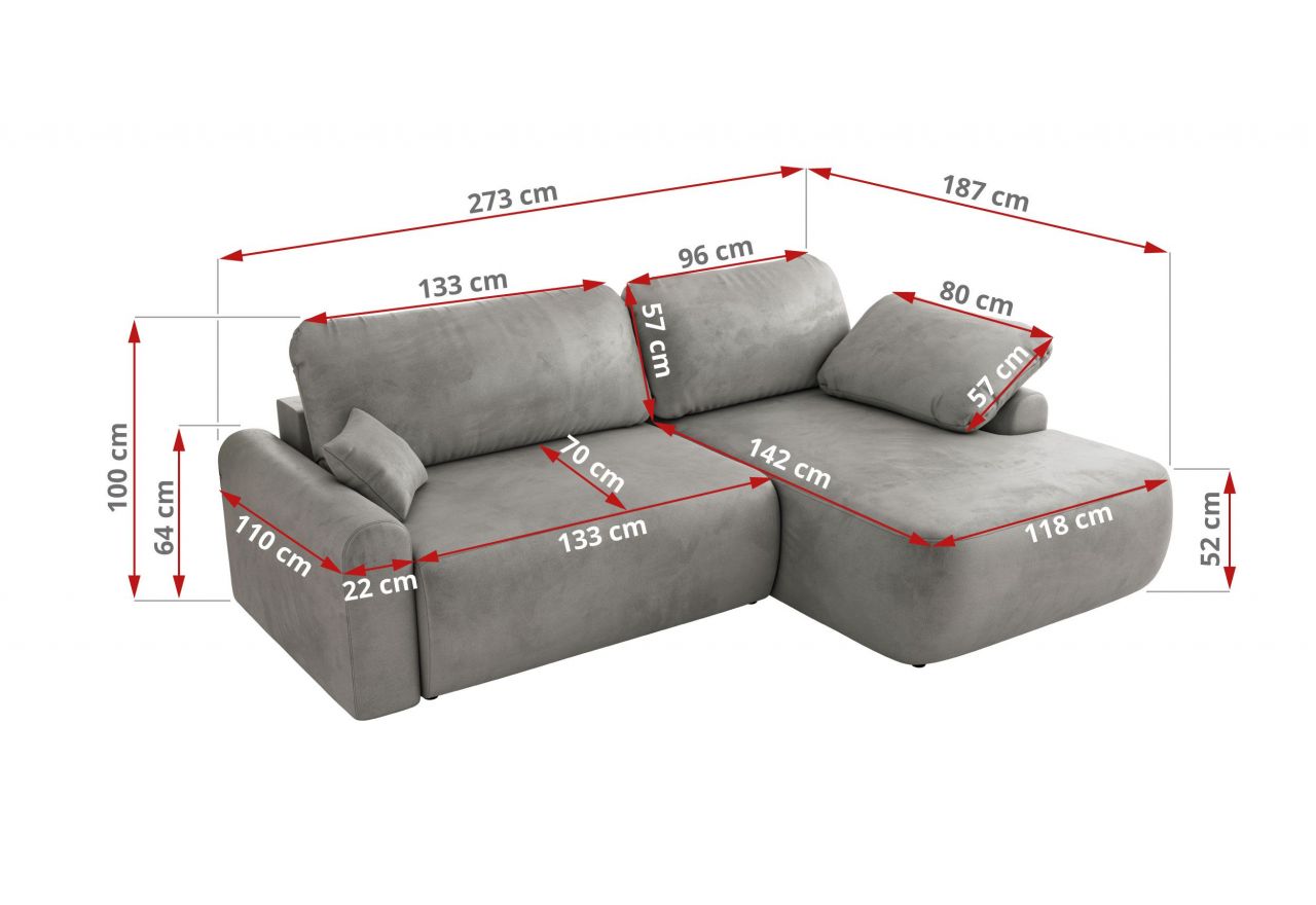 Narożnik CUBO L - strona prawa - jasnoszary, welwet