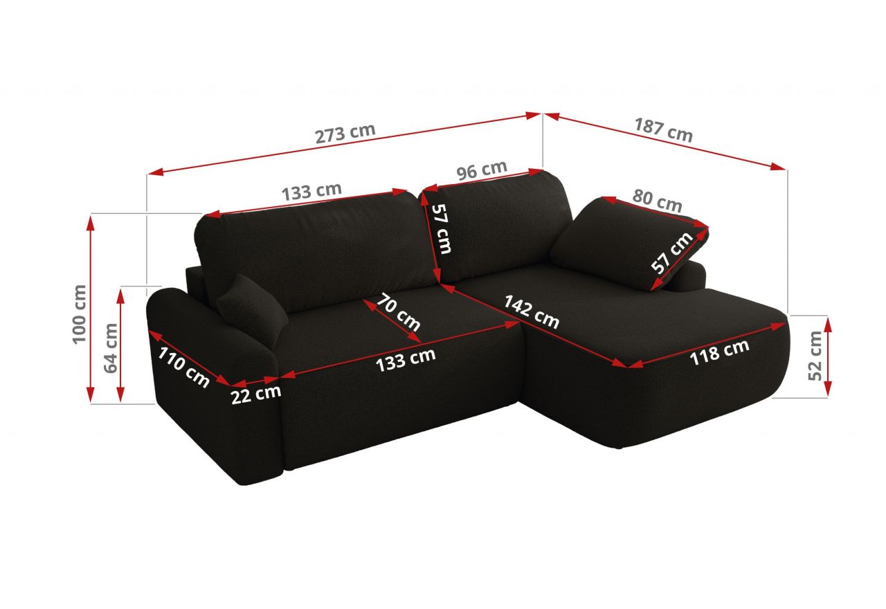 Narożnik CUBO L - strona lewa - czarny, boucle