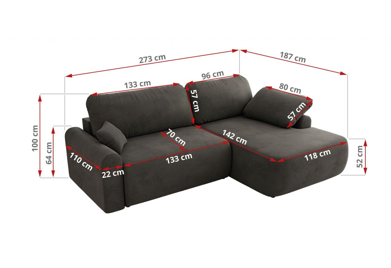 Narożnik CUBO L - strona lewa - ciemnoszary, welwet