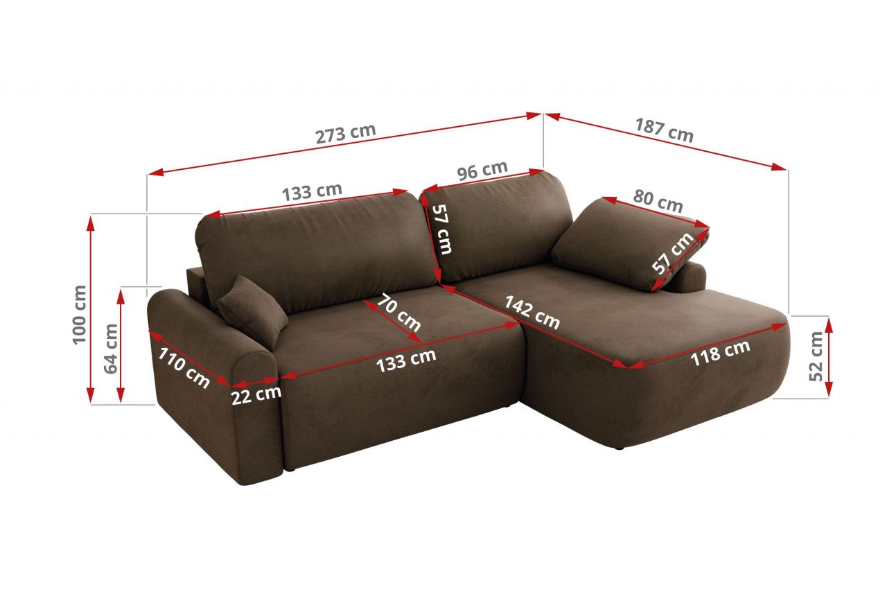 Narożnik CUBO L - strona lewa - brązowy, welwet