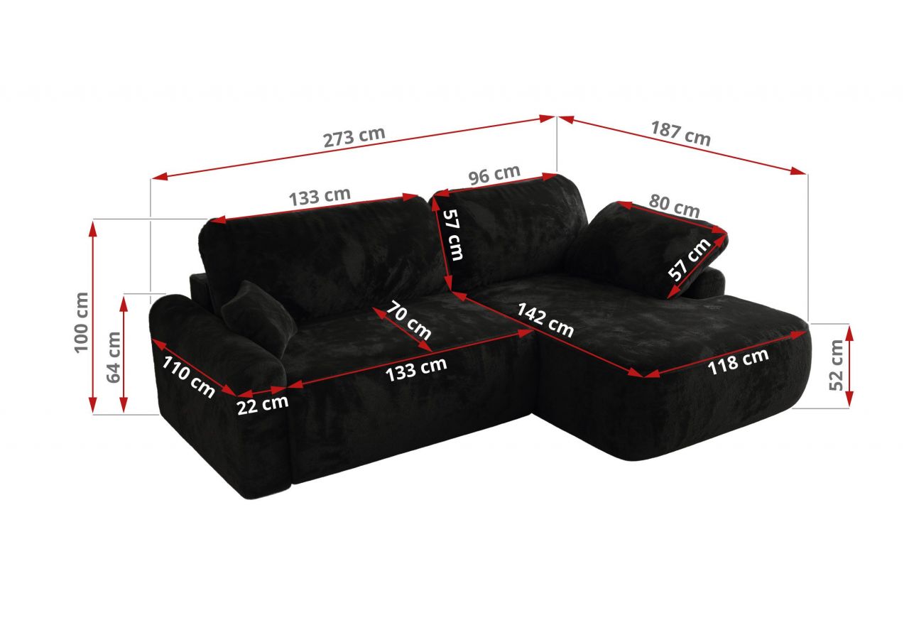 Narożnik CUBO L - strona lewa - czarny, plusz