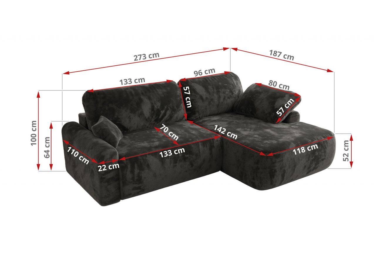 Narożnik CUBO L - strona lewa - ciemnoszary, plusz