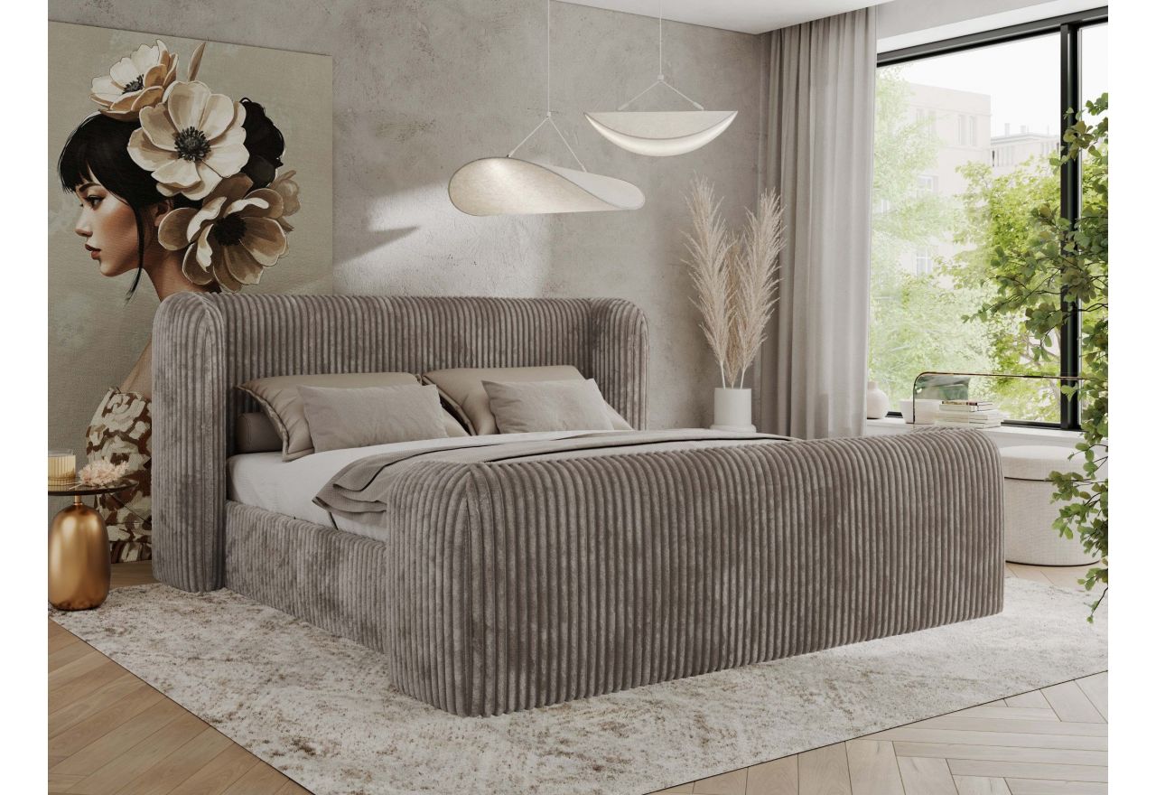 Łóżko tapicerowane EMORA CLASSIC DUO 160x200 - materac piankowy - jasnobrązowy, sztruks