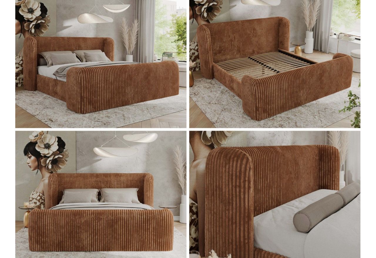 Łóżko tapicerowane EMORA CLASSIC DUO 200x200 - materac piankowy - pomarańczowy, sztruks