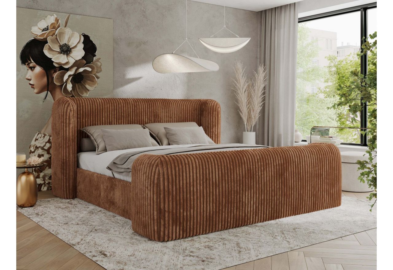 Łóżko tapicerowane EMORA CLASSIC DUO 140x200 - materac multipocket - pomarańczowy, sztruks