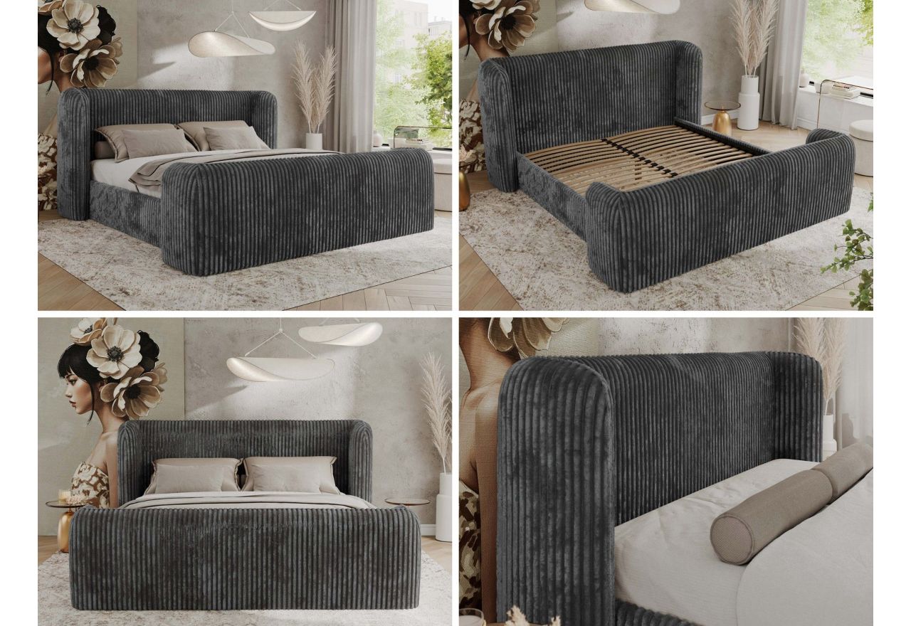 Łóżko tapicerowane EMORA CLASSIC DUO 160x200 - materac piankowy - szary, sztruks