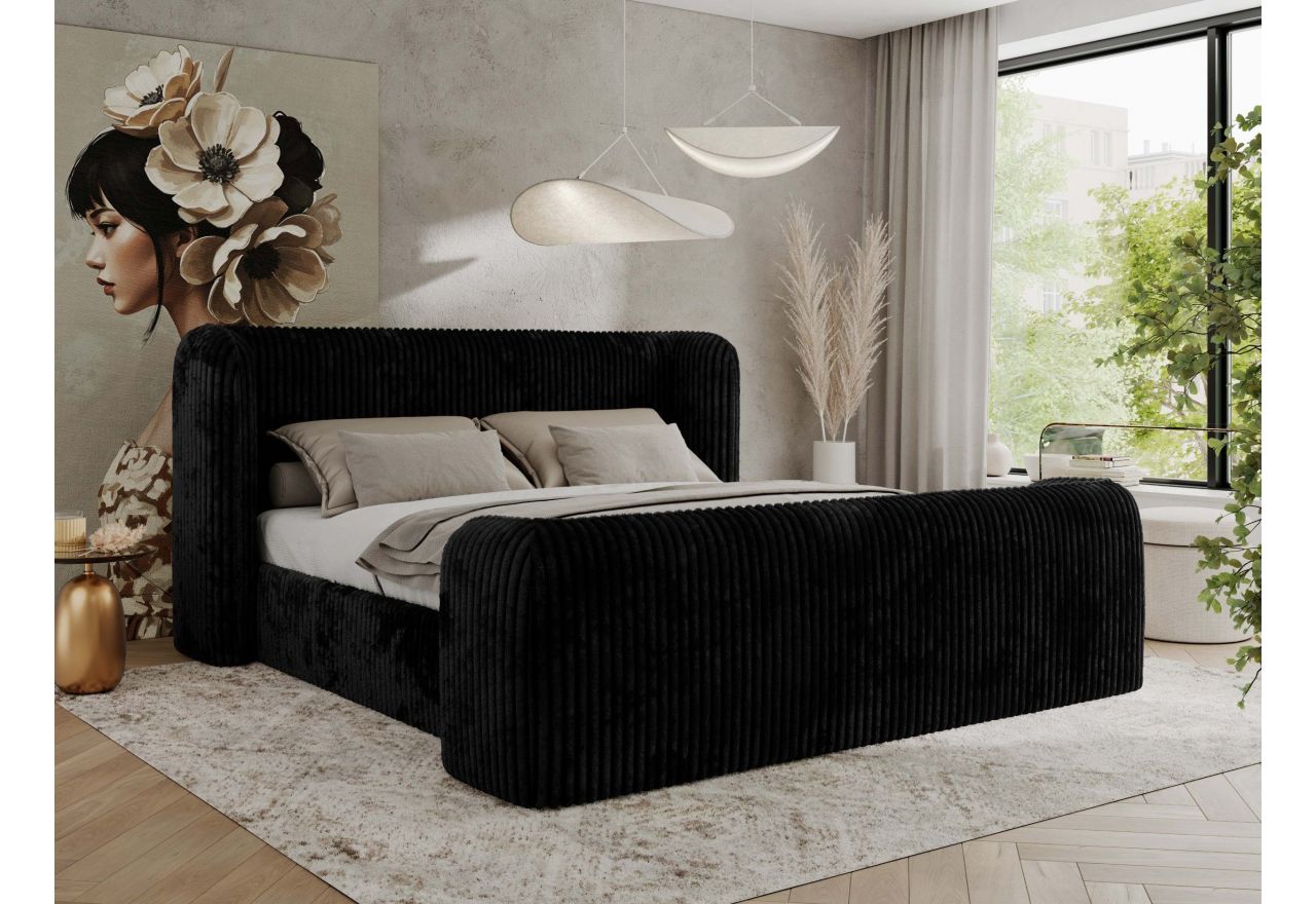 Łóżko tapicerowane EMORA CLASSIC DUO 140x200 - materac pocket - czarny, sztruks