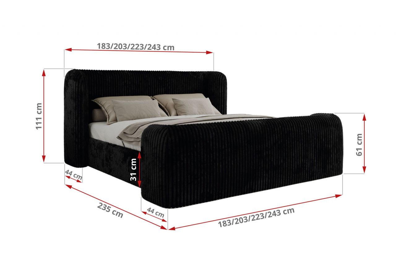 Łóżko tapicerowane EMORA CLASSIC DUO 180x200 - materac multipocket - czarny, sztruks