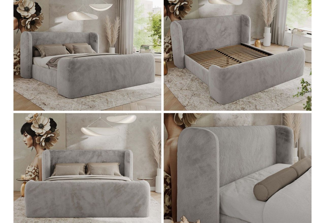 Łóżko tapicerowane EMORA CLASSIC DUO 160x200 - materac multipocket - jasnoszary, plusz