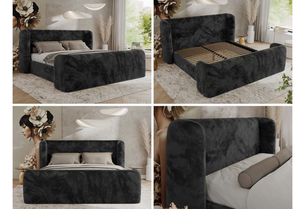 Łóżko tapicerowane EMORA CLASSIC DUO 160x200 - materac multipocket - ciemnoszary, plusz