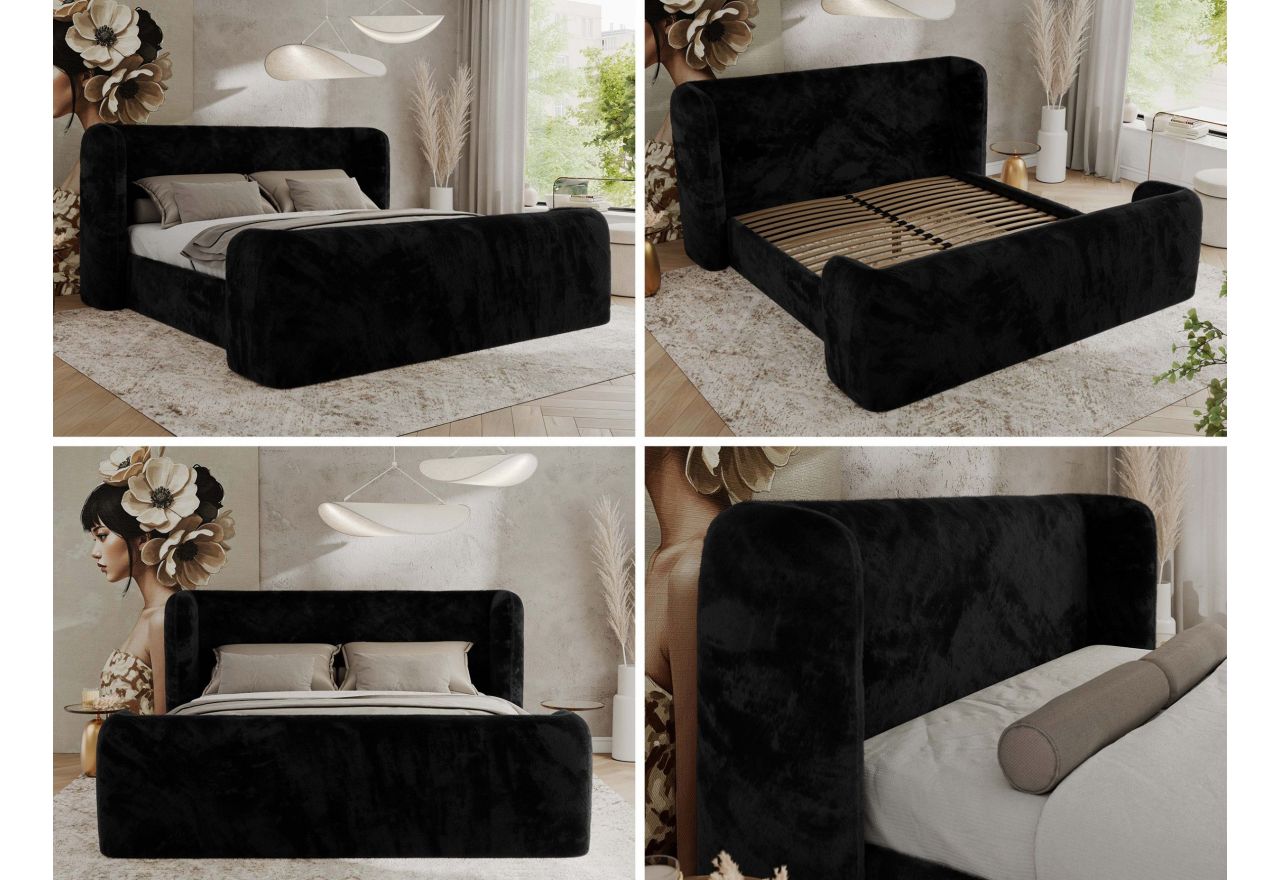 Łóżko tapicerowane EMORA CLASSIC DUO 200x200 - materac piankowy - czarny, plusz