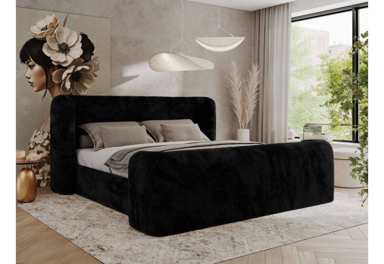 Łóżko tapicerowane EMORA CLASSIC DUO 160x200 - materac multipocket - czarny, plusz