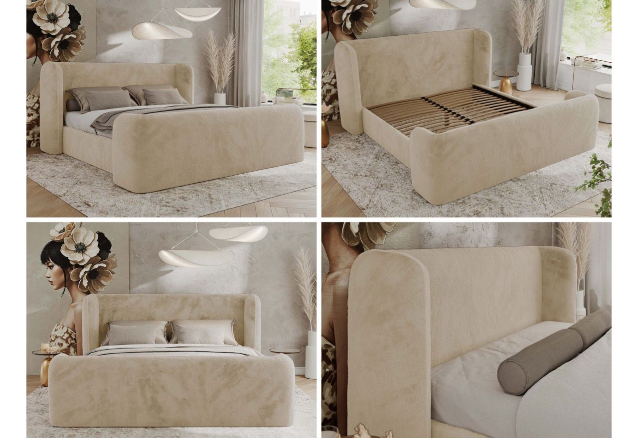 Łóżko tapicerowane EMORA CLASSIC DUO 140x200 - materac piankowy - kremowy, plusz