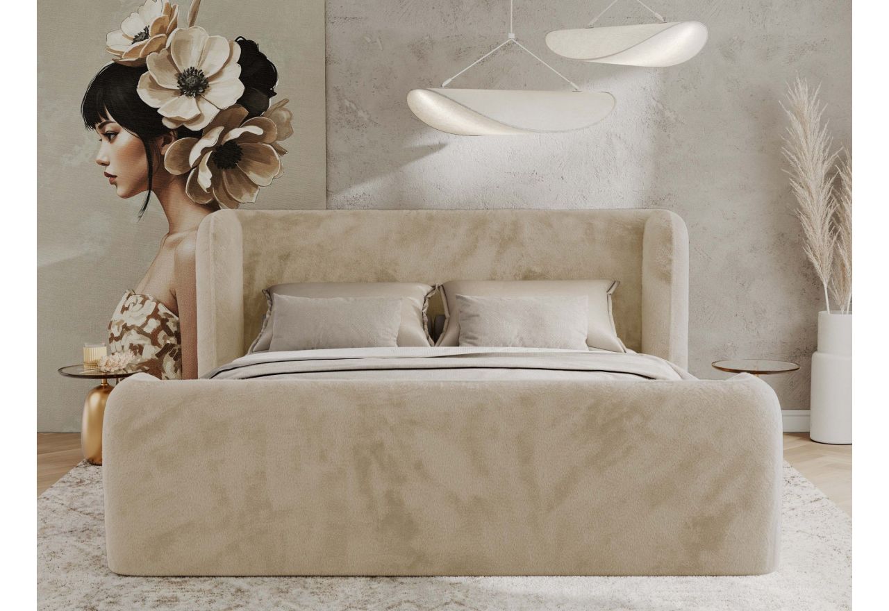 Łóżko tapicerowane EMORA CLASSIC DUO 160x200 - materac piankowy - kremowy, plusz