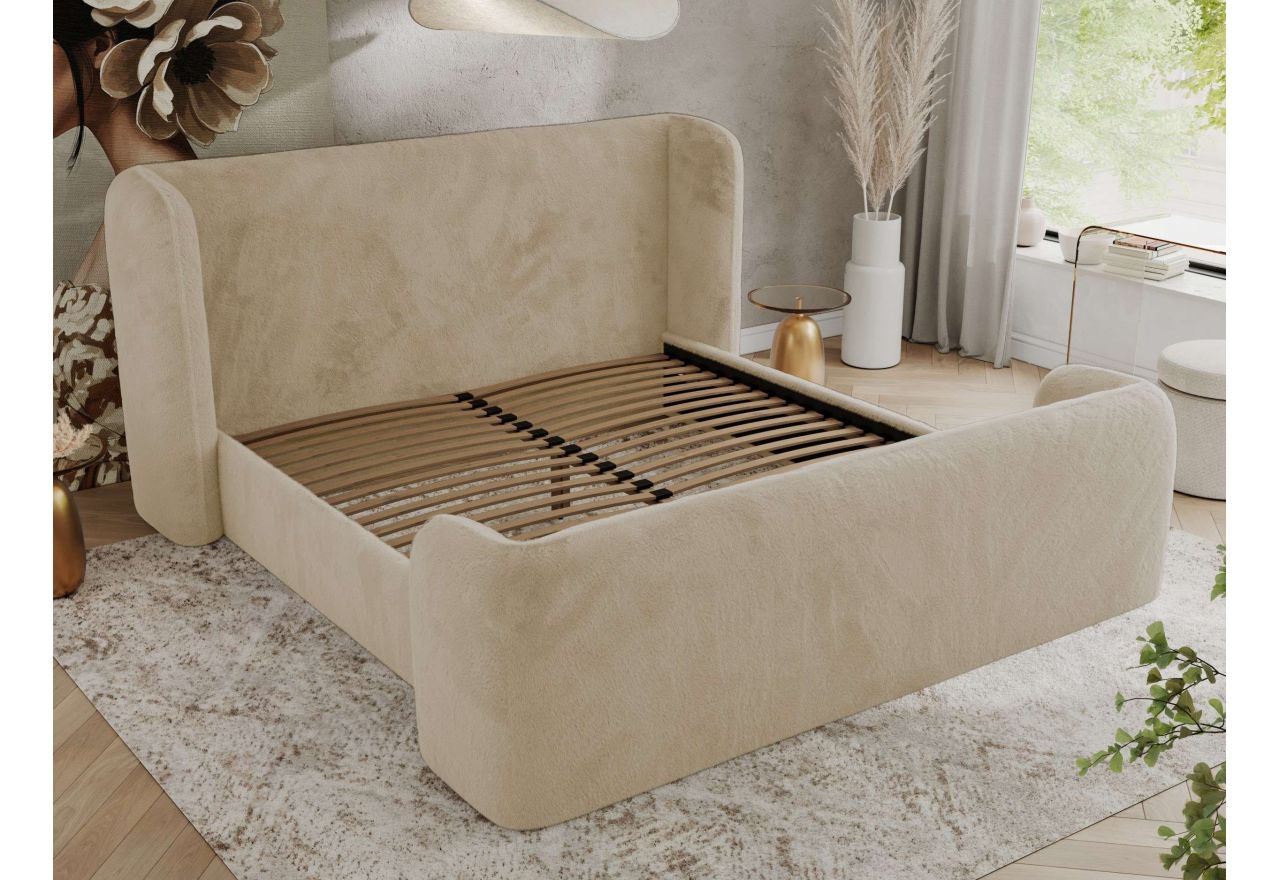 Łóżko tapicerowane EMORA CLASSIC DUO 200x200 - materac piankowy - kremowy, plusz