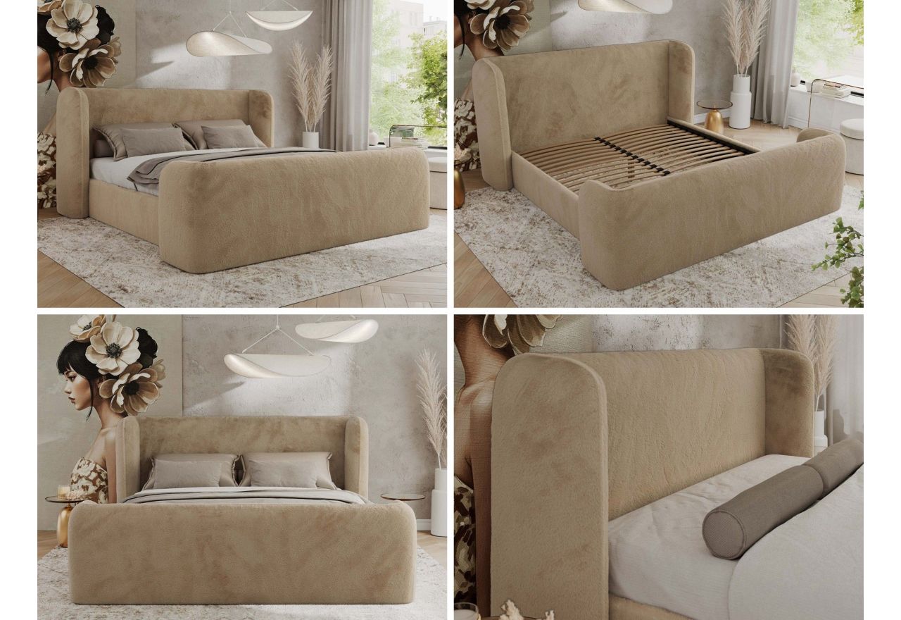 Łóżko tapicerowane EMORA CLASSIC DUO 180x200 - materac multipocket - beżowy, plusz