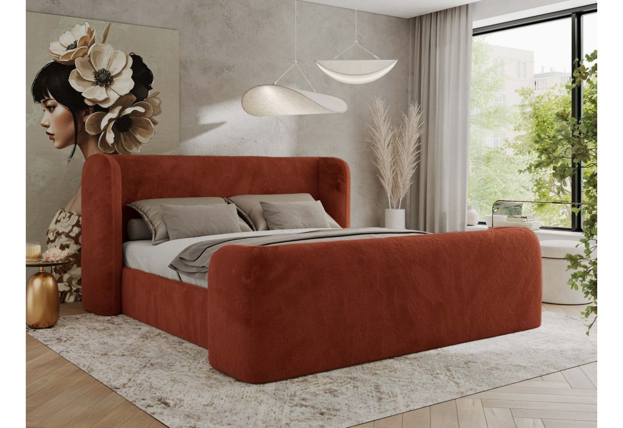 Łóżko tapicerowane EMORA CLASSIC DUO 160x200 - materac multipocket - pomarańczowy, plusz