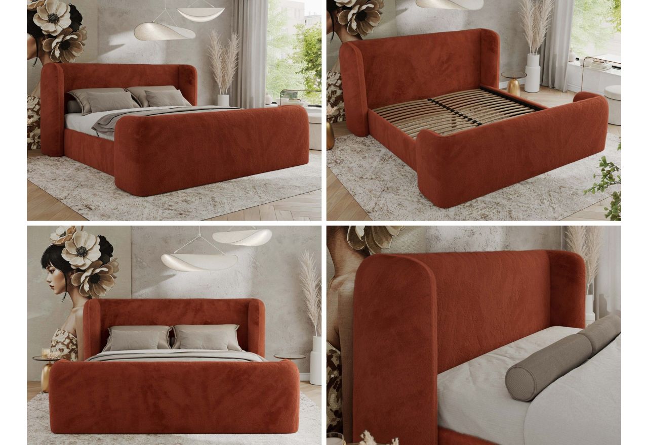 Łóżko tapicerowane EMORA CLASSIC DUO 200x200 - materac multipocket - pomarańczowy, plusz