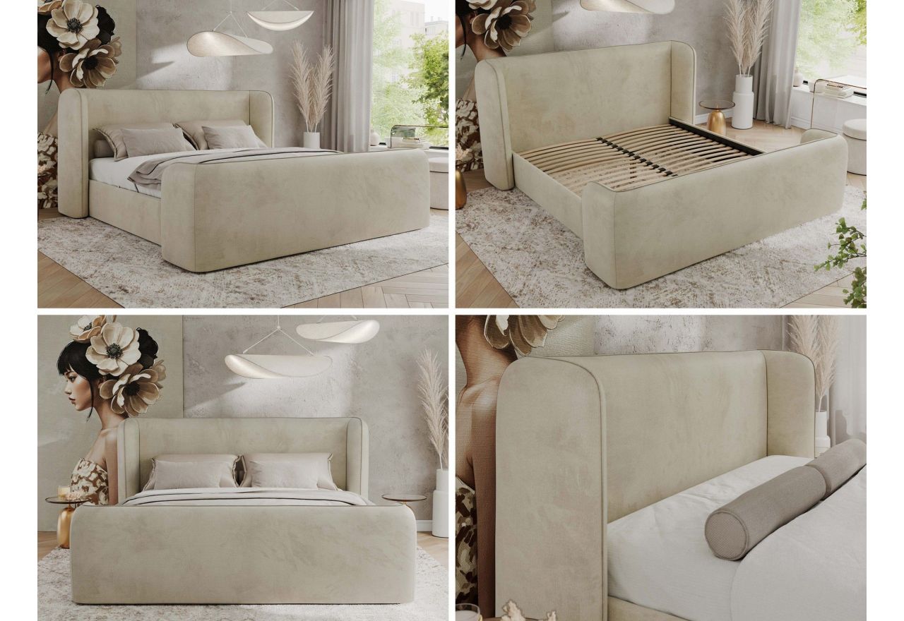 Łóżko tapicerowane EMORA CLASSIC DUO 180x200 - materac multipocket - beżowy, welwet