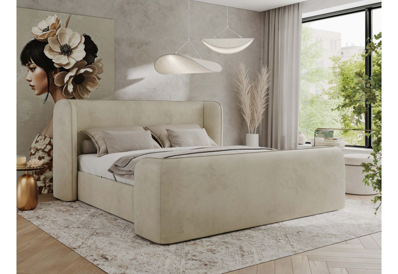 Łóżko tapicerowane EMORA CLASSIC DUO 200x200 - materac multipocket - beżowy, welwet