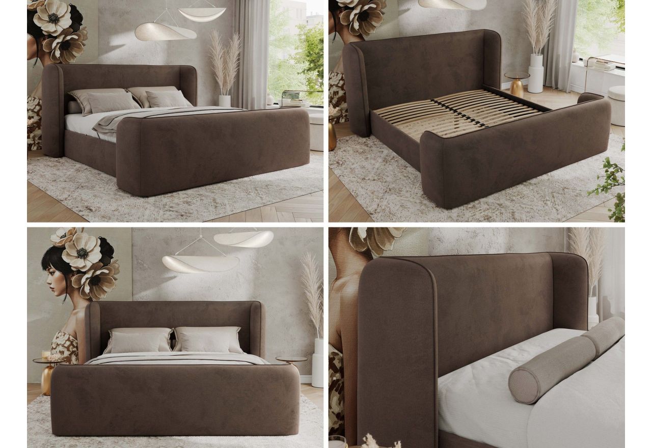 Łóżko tapicerowane EMORA CLASSIC DUO 180x200 - materac multipocket - brązowy, welwet
