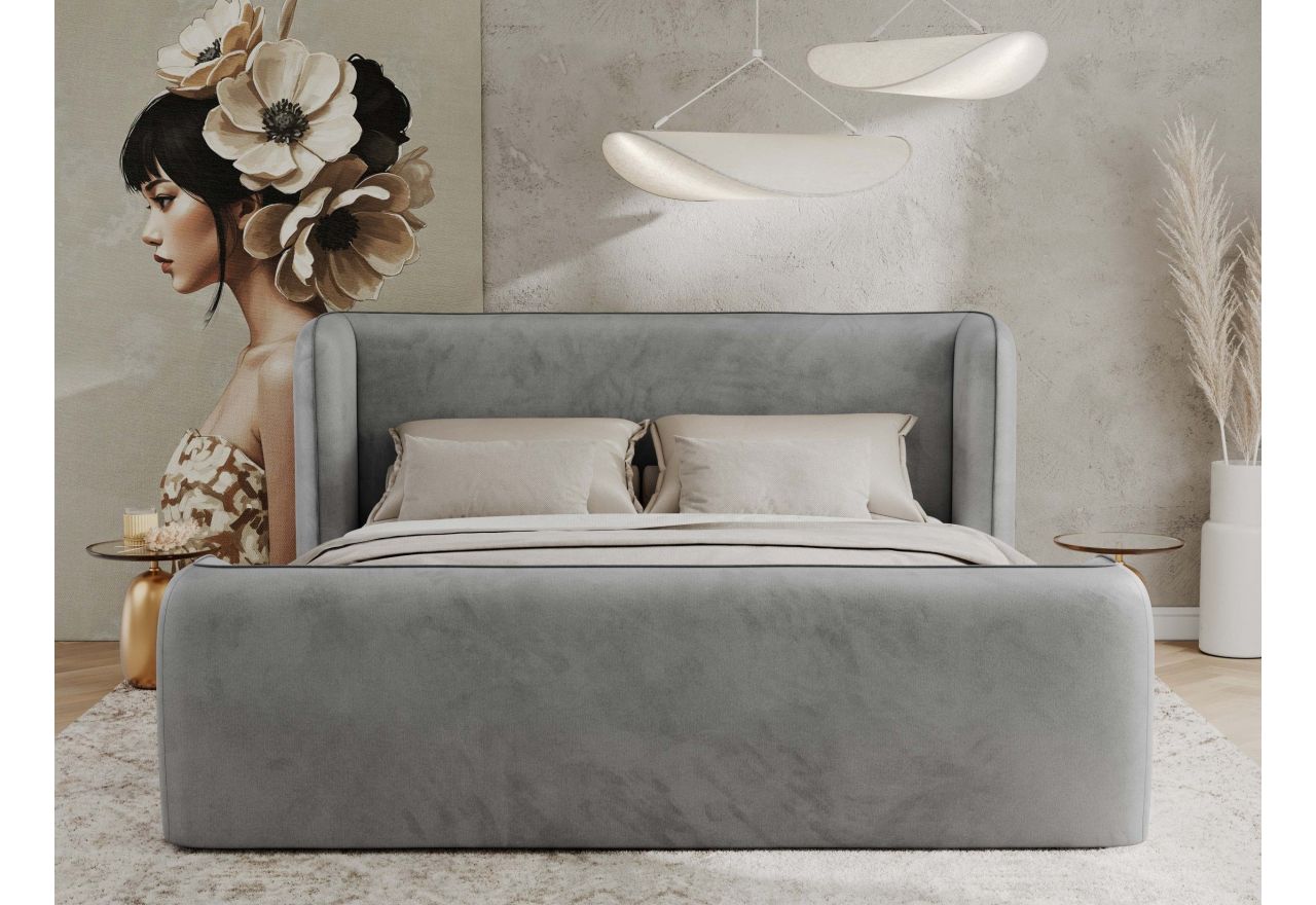 Łóżko tapicerowane EMORA CLASSIC DUO 140x200 - jasnoszary, welwet