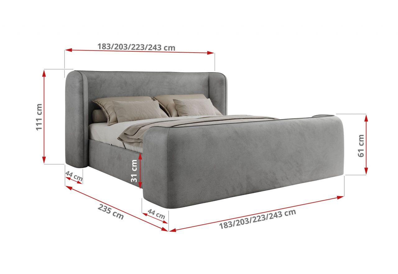 Łóżko tapicerowane EMORA CLASSIC DUO 200x200 - materac piankowy - jasnoszary, welwet