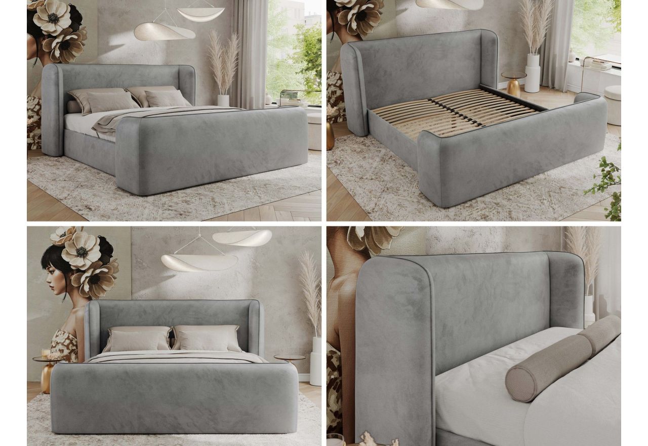 Łóżko tapicerowane EMORA CLASSIC DUO 140x200 - materac multipocket - jasnoszary, welwet