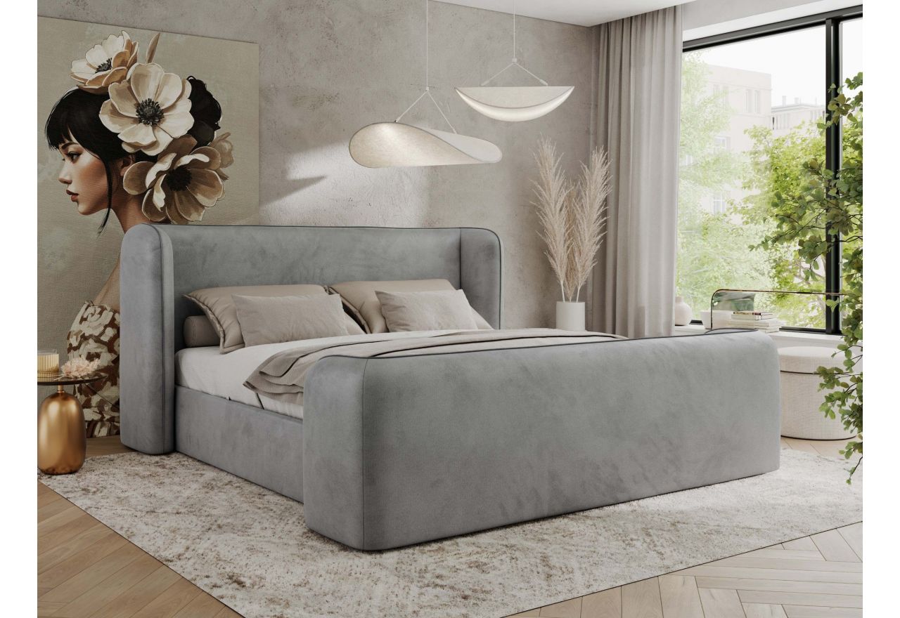 Łóżko tapicerowane EMORA CLASSIC DUO 160x200 - materac multipocket - jasnoszary, welwet
