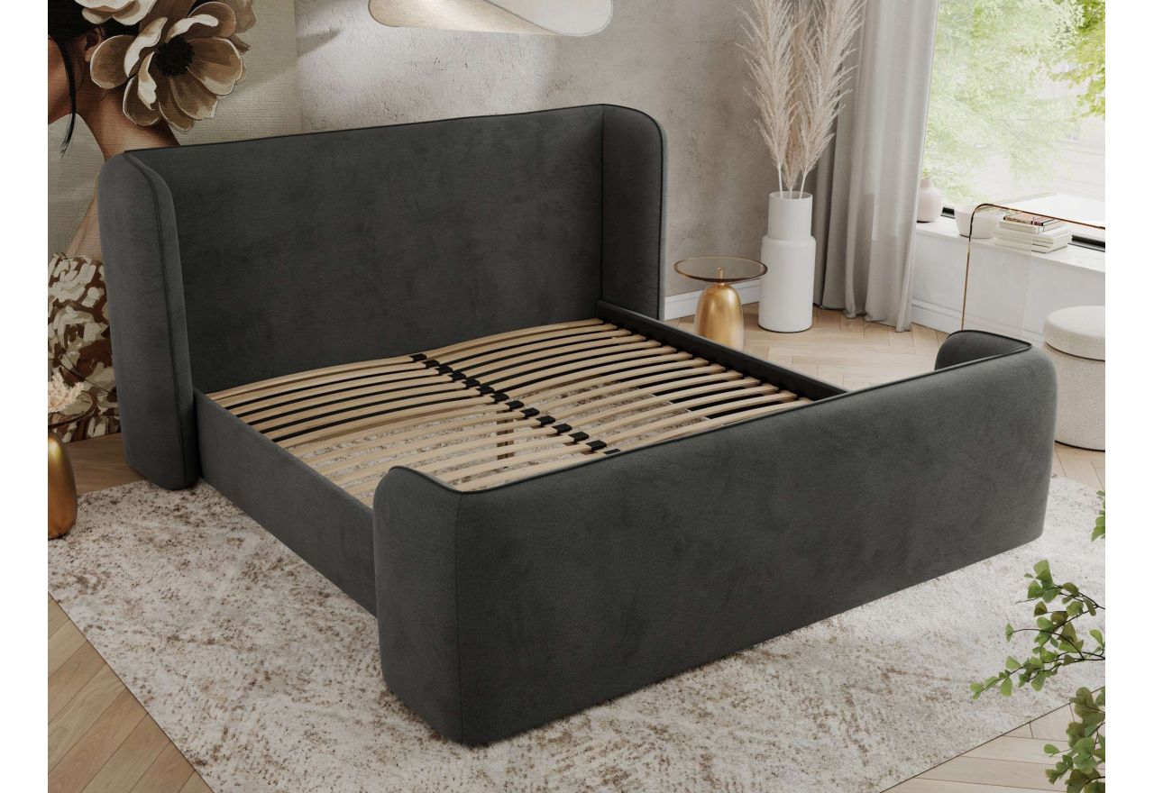 Łóżko tapicerowane EMORA CLASSIC DUO 160x200 - materac piankowy - ciemnoszary, welwet