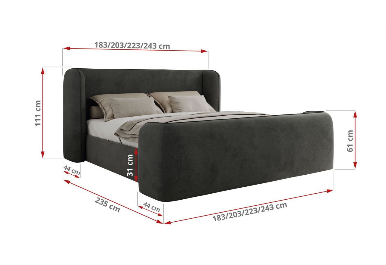 Łóżko tapicerowane EMORA CLASSIC DUO 160x200 - materac pocket - ciemnoszary, welwet