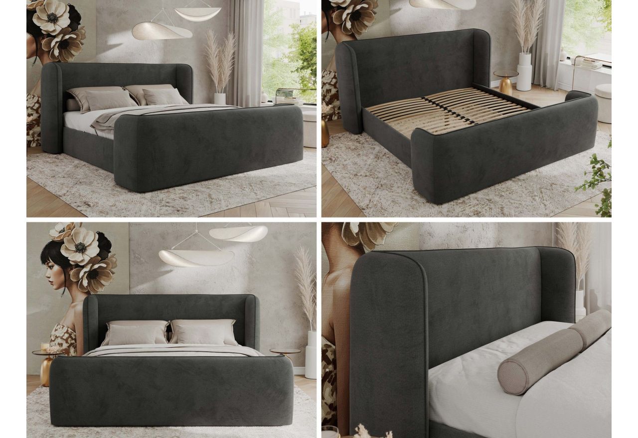 Łóżko tapicerowane EMORA CLASSIC DUO 140x200 - materac multipocket - ciemnoszary, welwet