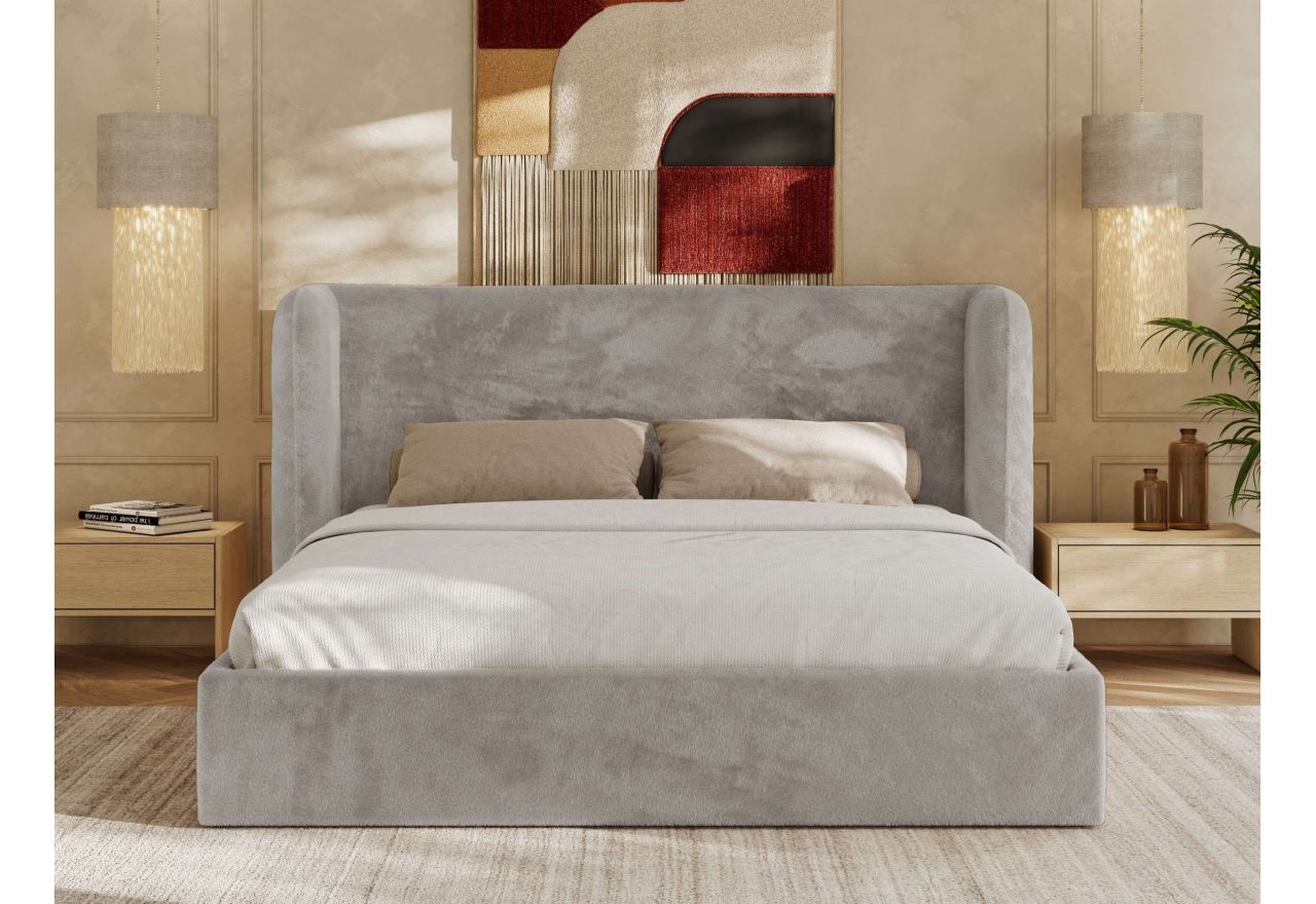 Łóżko tapicerowane EMORA CLASSIC 180x200 - materac pocket - jasnoszary, plusz