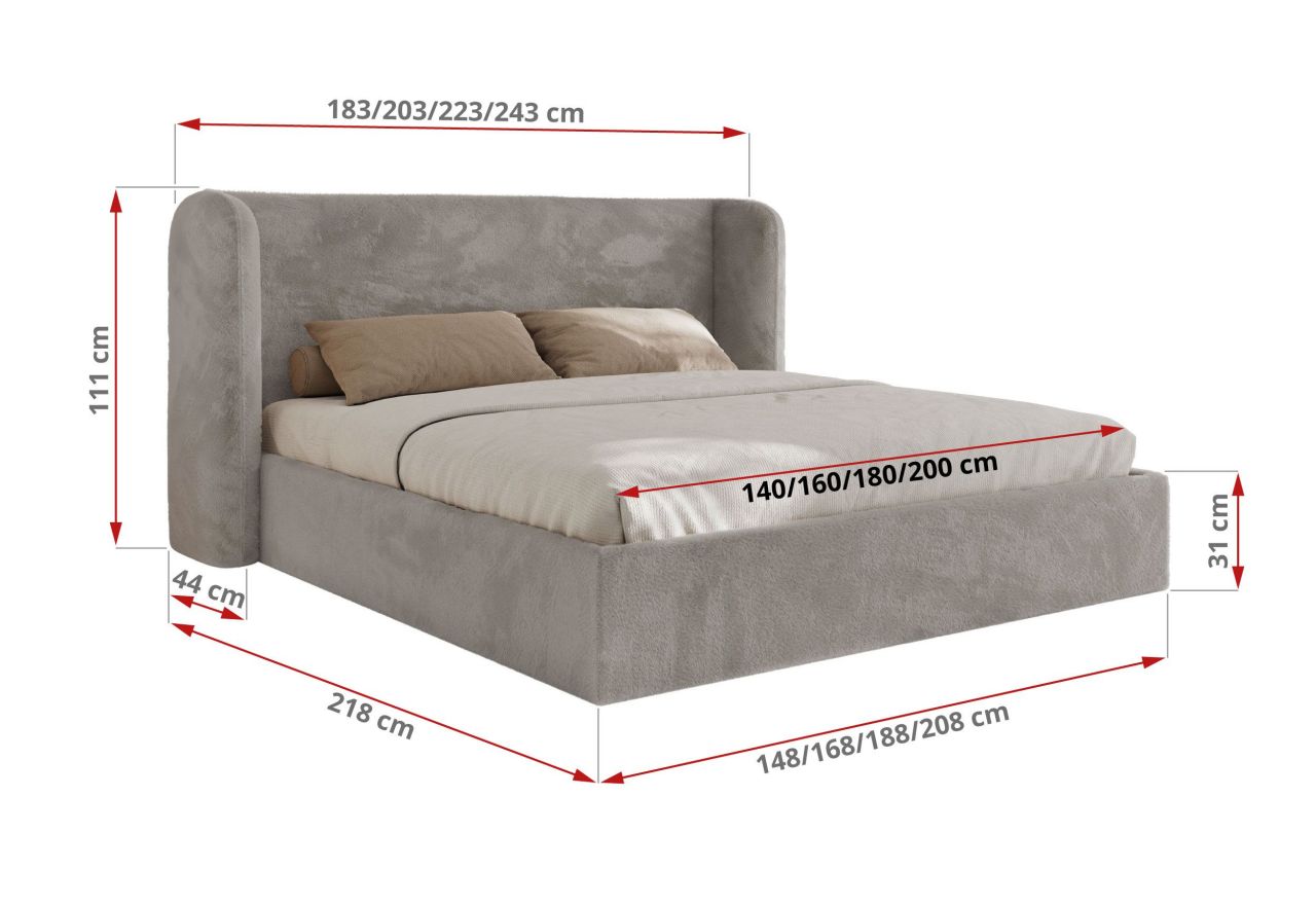 Łóżko tapicerowane EMORA CLASSIC 180x200 - materac pocket - jasnoszary, plusz