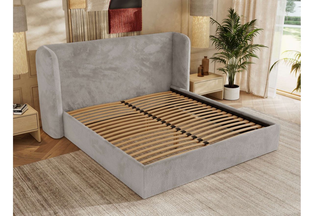 Łóżko tapicerowane EMORA CLASSIC 160x200 - materac multipocket - jasnoszary, plusz